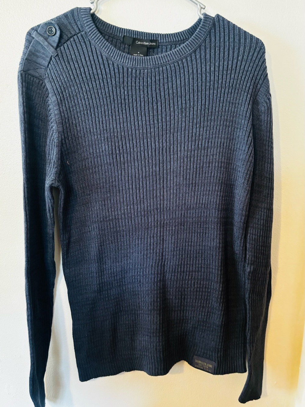 Calvin Klein Jeans Men's Navy Ribbed Crewneck Sweater with Shoulder Button